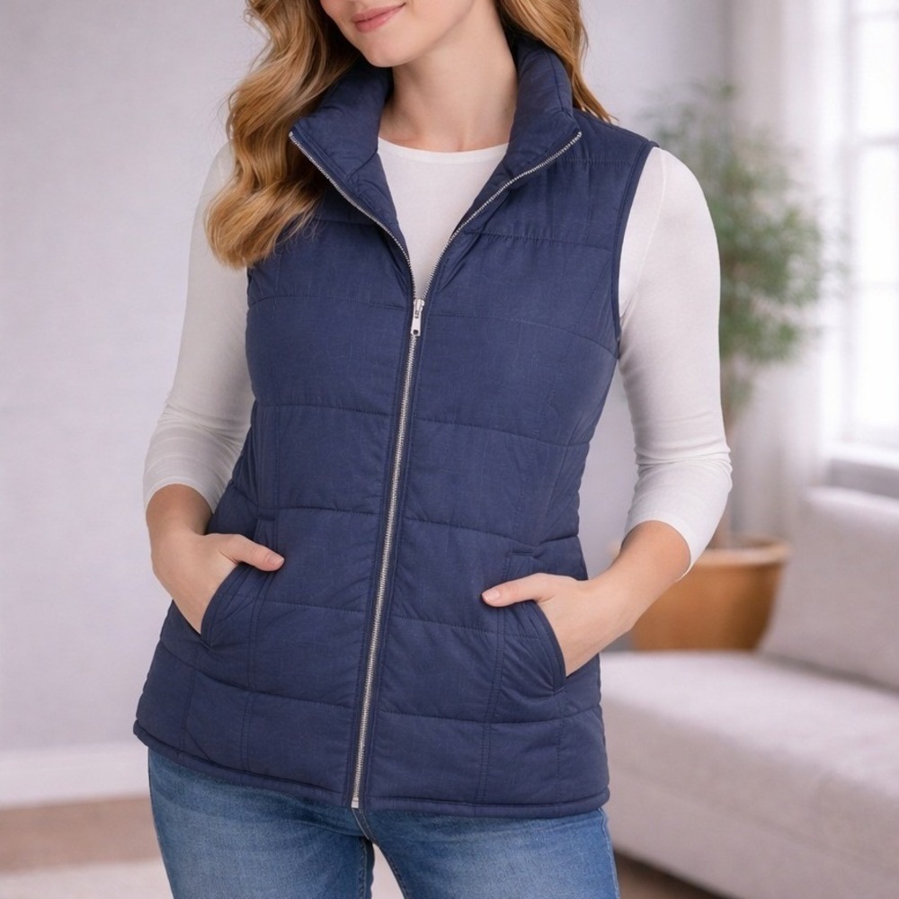 Women Blue Quilted Utility Puffer Medium Vest Granola Girl‎ Cabincore Heritage